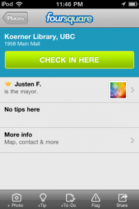 Foursquare An image of an ipod screen with the foursquare social network check in for Koerner Library