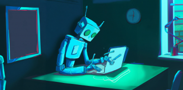 robot typing email using laptop computer at a dark room