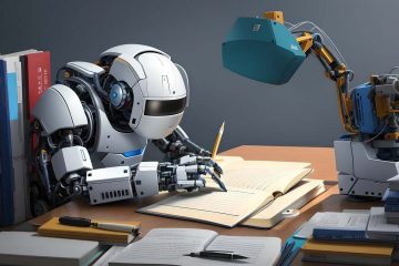 A robot is holding a pencil and reading a text from a notebook.