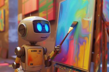 A robot artist painting on an easel with a paintbrush.
