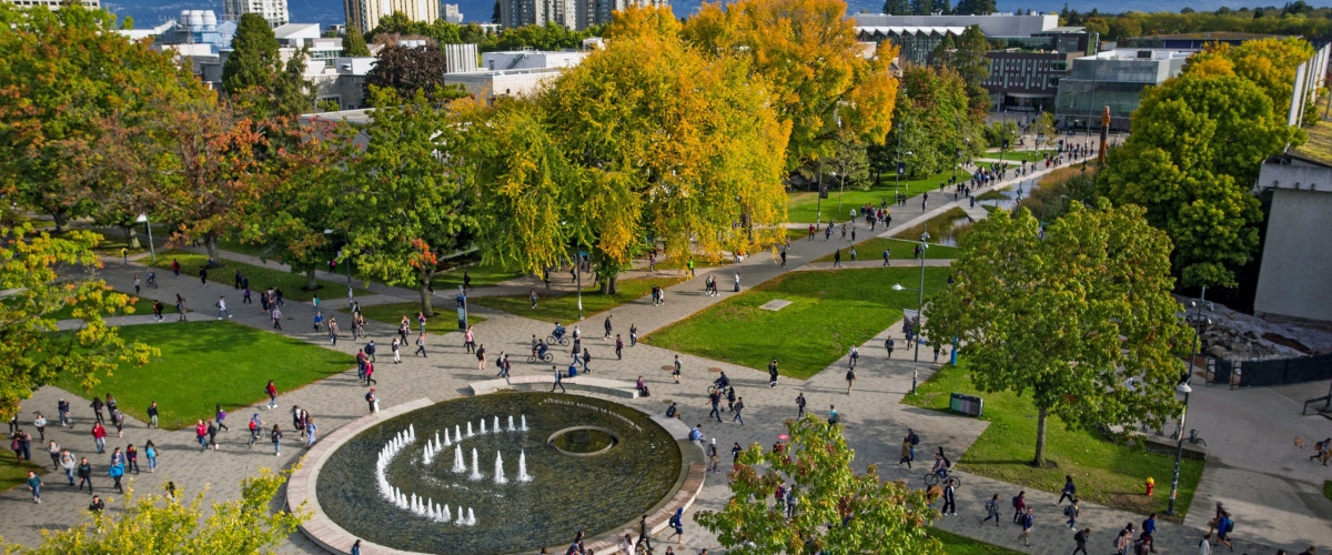 An Ariel photo of a fountain surrounded by people, on UBC Vancouver Campus