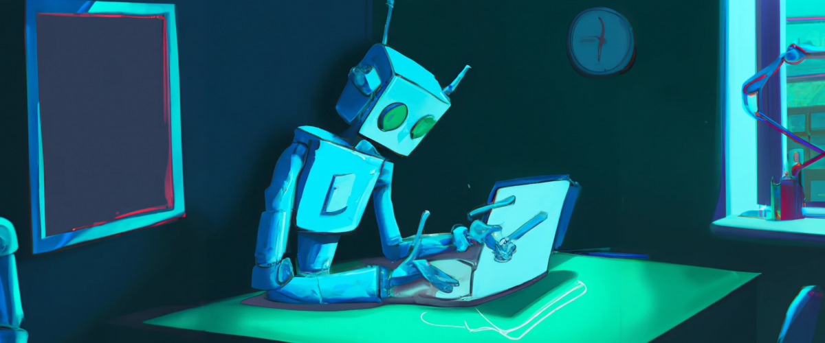 robot typing email using laptop computer at a dark room